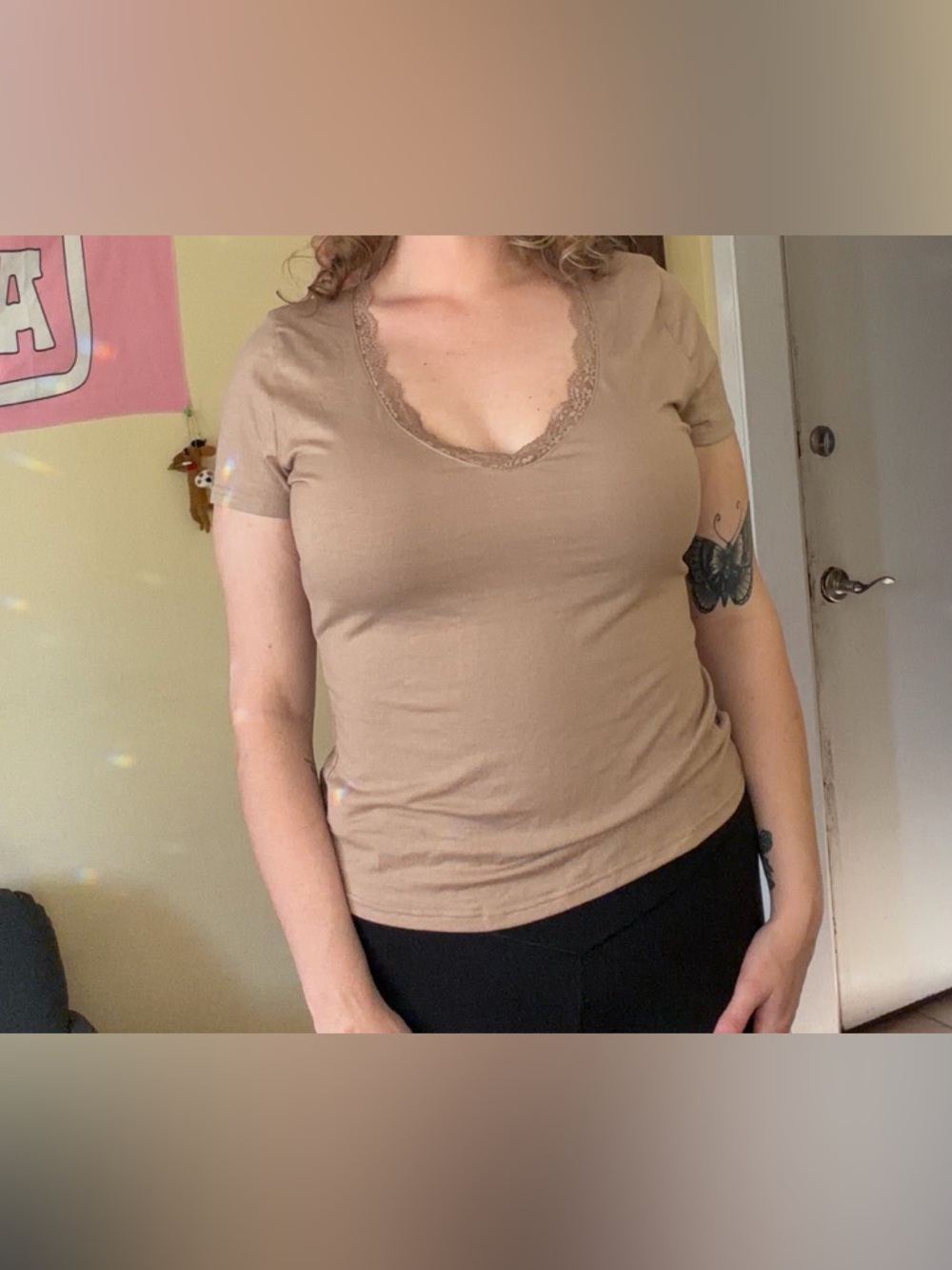 Brown Women's Lace Trim V-Neck Tee